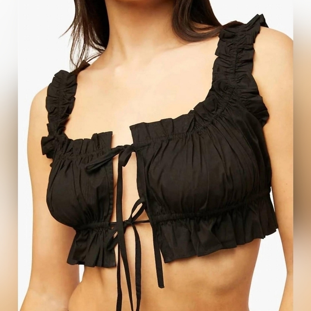 WeWoreWhat Black Cotton Poplin Double Tie Top, Size Small
